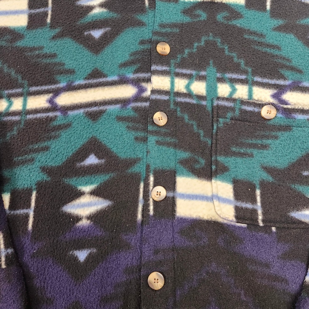 Vintage 90s Aztec Southwestern Fleece Shacket 4X Oversized Teal Button Down Navy - Picture 2 of 6